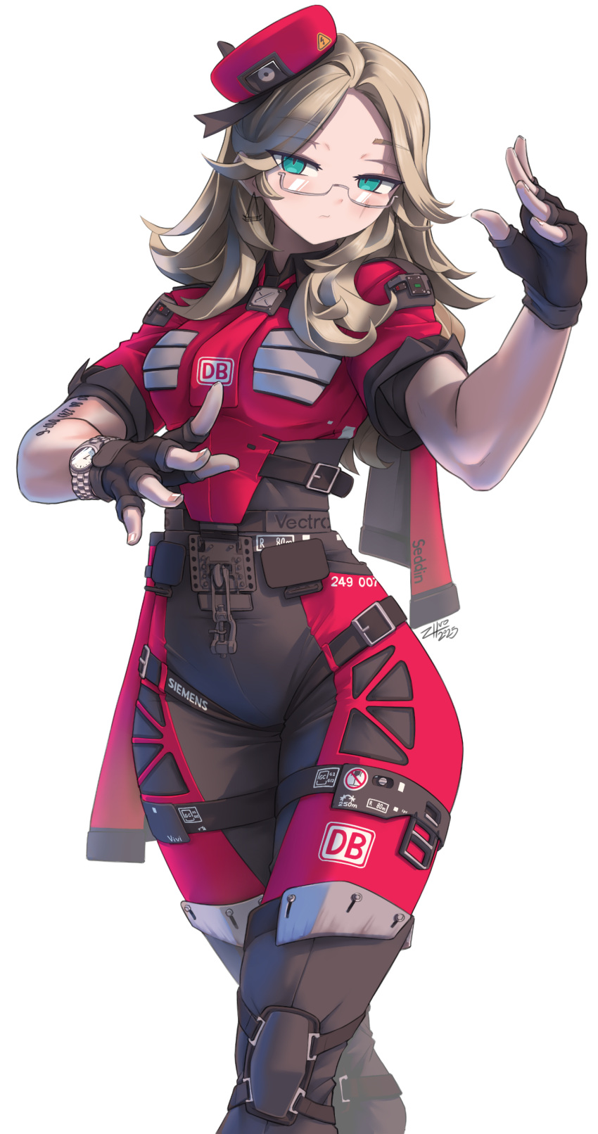 1girl, absurdres, artist_name, belt_buckle, beret, black_gloves, blonde_hair, buckle