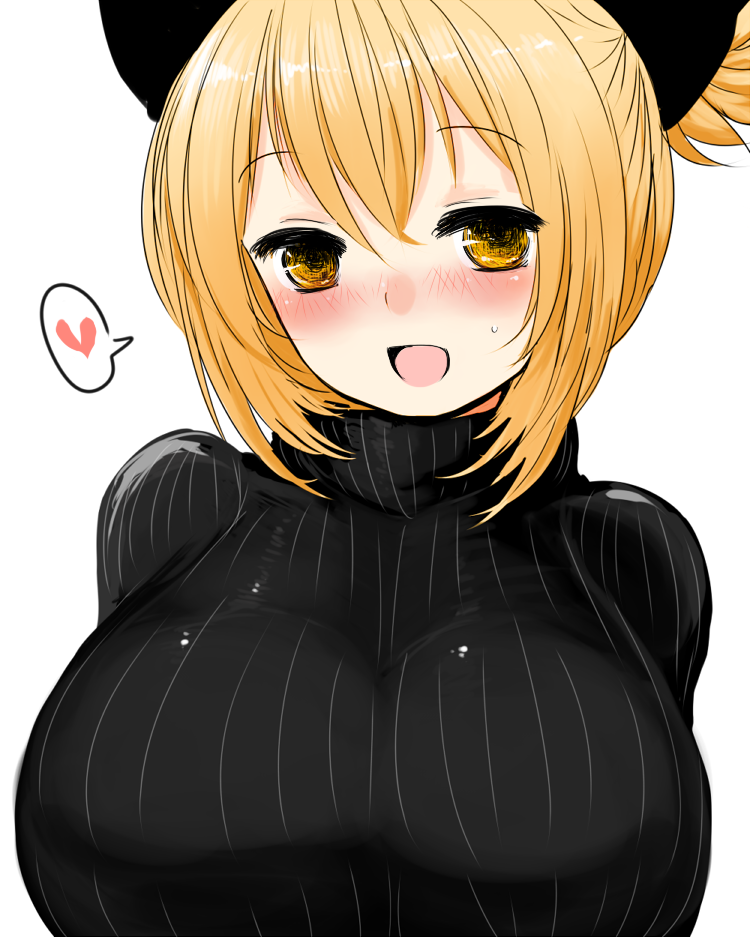 alternate_costume, blonde_hair, blush, bow, breasts, bust, close-up, face, hair_bow, hair_up, han64, han_(jackpot), heart, huge_breasts, kurodani_yamame, open_mouth, short_hair, smile, solo, spoken_heart, sweater, touhou, yellow_eyes