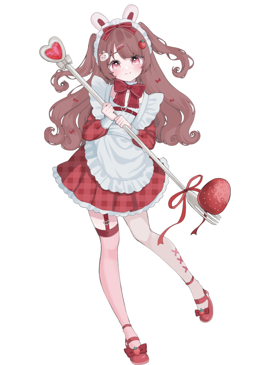 1girl, absurdres, animal_ears, apron, blush, bow, brown_hair, closed_mouth