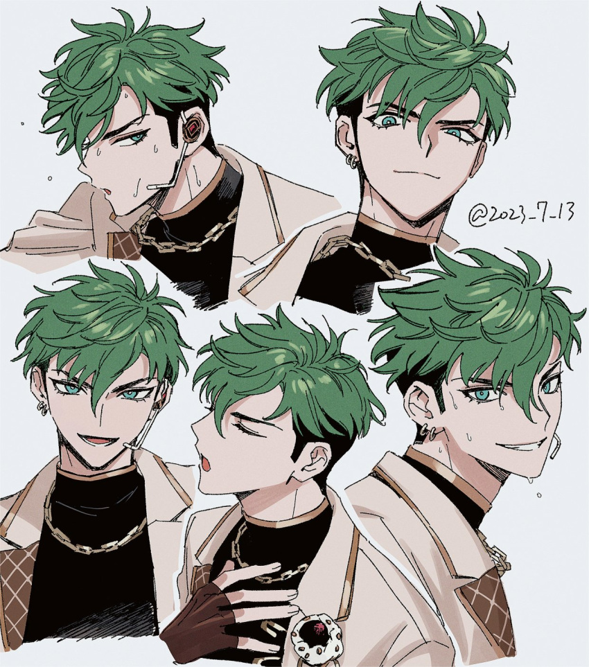 1boy, aqua_eyes, black_shirt, bright_pupils, brown_gloves, chain, chain_necklace, clenched_teeth