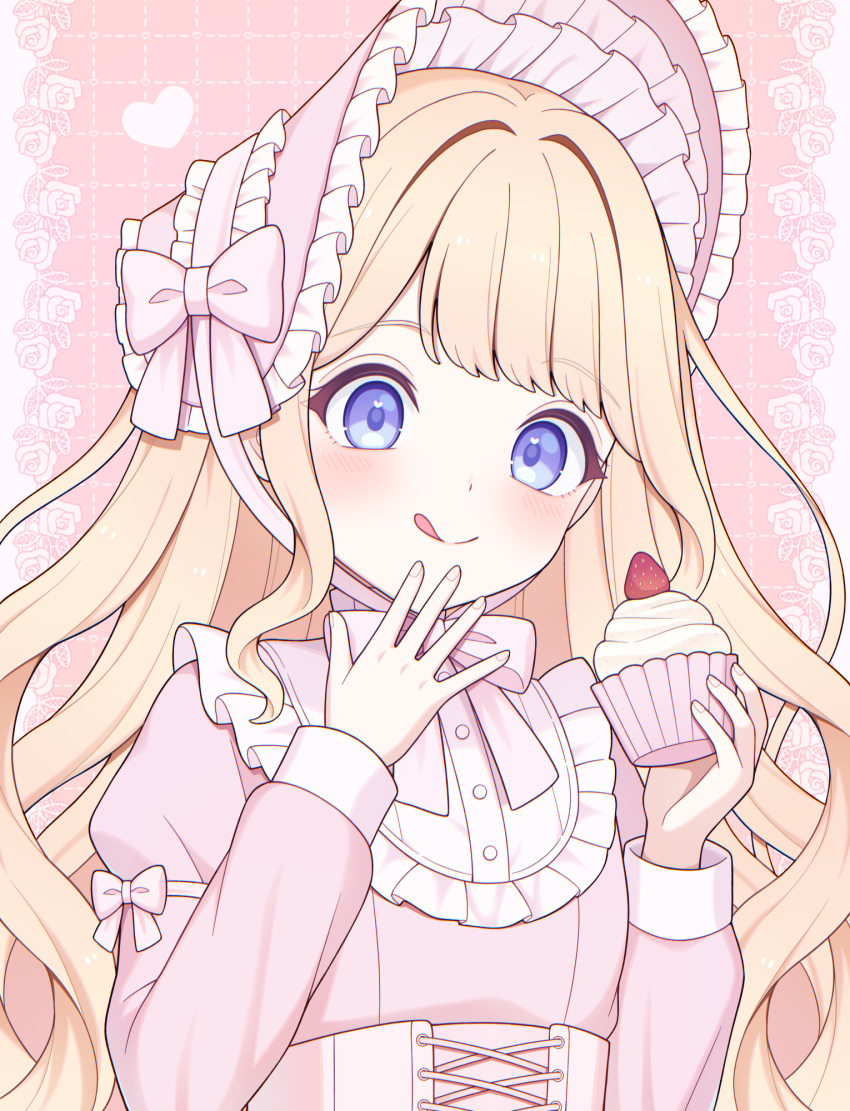 1girl, blonde_hair, blue_eyes, bonnet, bow, bowtie, closed_mouth, corset