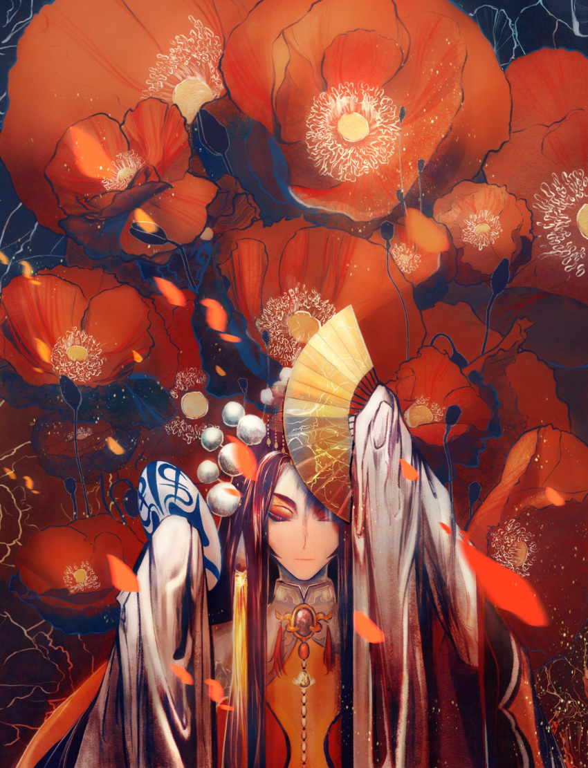 1boy, black_hair, capelet, closed_mouth, curtained_hair, expressionless, eyeshadow, facial_mark, facing_viewer, falling_petals, farewell_my_concubine_(the_tale_of_food), feixxxuan, floral_background, flower, folding_fan, forehead_mark, grey_capelet, hair_ornament, hand_fan, hands_up, headdress, highres, holding, holding_fan, holding_mask, long_hair, makeup, male_focus, mask, neck_tassel, one_eye_closed, oversized_flower, parted_bangs, peking_opera, petals, pom_pom_(clothes), pom_pom_hair_ornament, poppy_(flower), red_eyeshadow, red_flower, red_robe, red_veil, robe, sleeves_past_fingers, sleeves_past_wrists, solo, straight-on, straight_hair, tassel, the_tale_of_food, upper_body, veil, water_sleeves