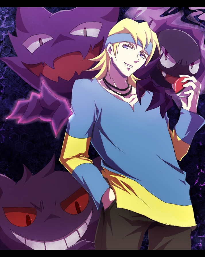 1boy, 3others, aura, blonde_hair, blue_headband, brown_pants, dark_aura, evil_grin, evil_smile, fangs, from_below, gas, gastly, gengar, ghost, grin, hand_in_pocket, haunter, headband, holding, holding_poke_ball, jewelry, long_sleeves, looking_at_viewer, looking_down, looking_up, morty_(pokemon), multiple_others, necklace, open_mouth, pants, poke_ball, pokemon, pokemon_(creature), pokemon_gsc, rayman_limbs, red_eyes, shirt, short_hair, smile, teeth, tsubaki_pbwfa, two-tone_shirt, violet_eyes