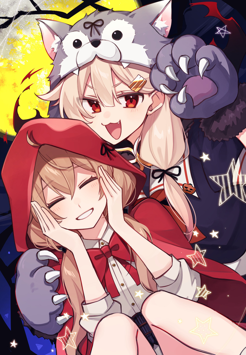 1girl, :3, animal_hands, black_serafuku, black_shirt, blonde_hair, brown_eyes, capelet