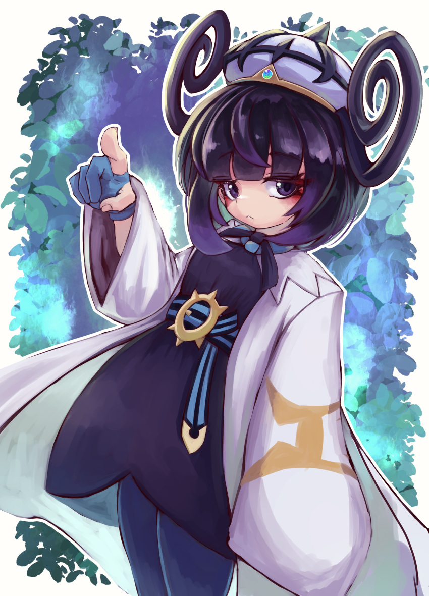 1girl, :<, absurdres, black_dress, black_hair, blue_gloves, blunt_bangs, closed_mouth