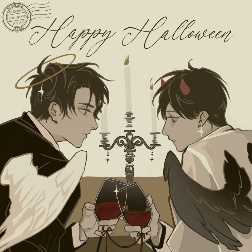 2boys, angel_and_devil, black_coat, black_eyes, black_hair, black_wings, candlestand, coat