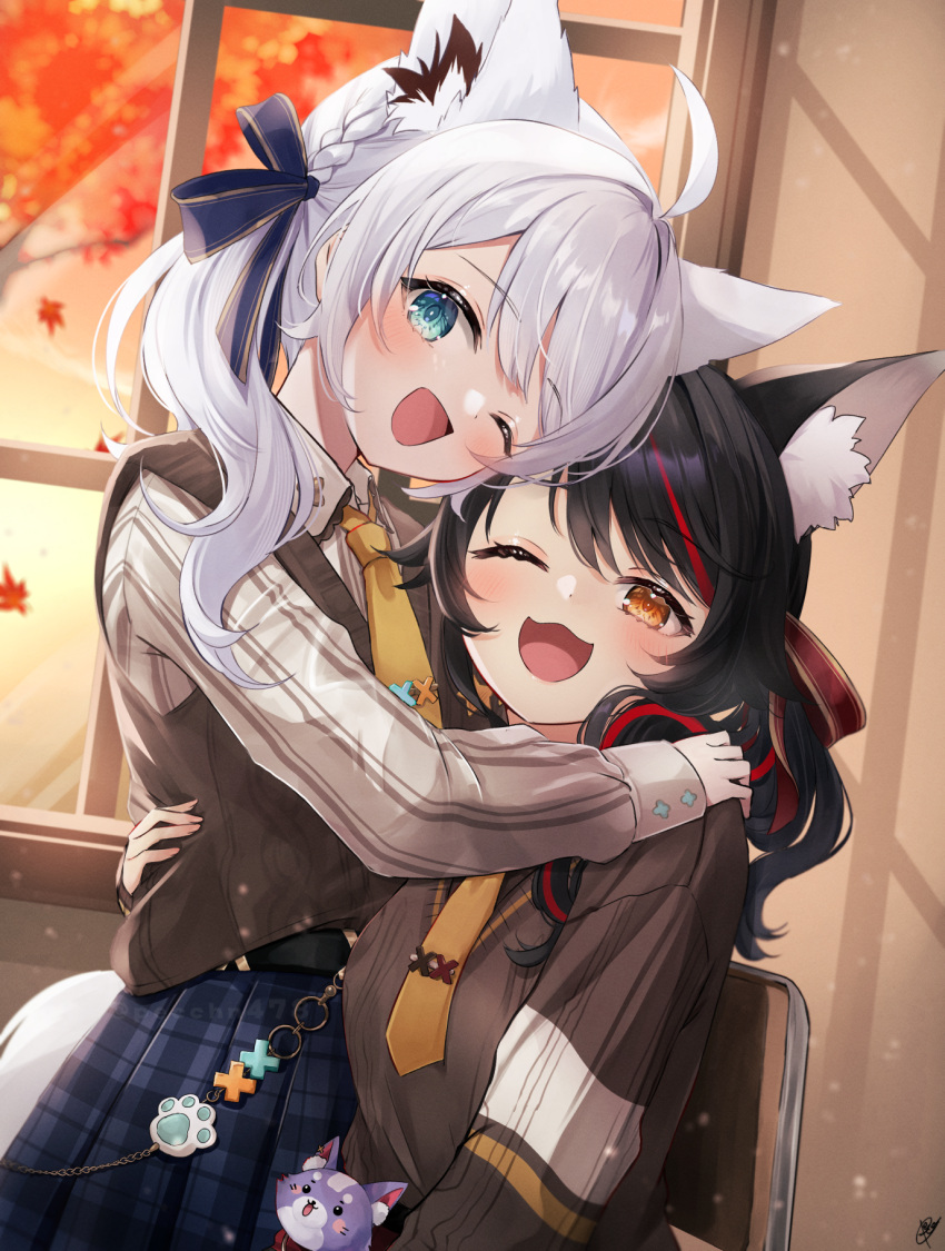 2girls, ahoge, animal_ear_fluff, animal_ears, aqua_eyes, black_hair, blue_ribbon, blue_skirt