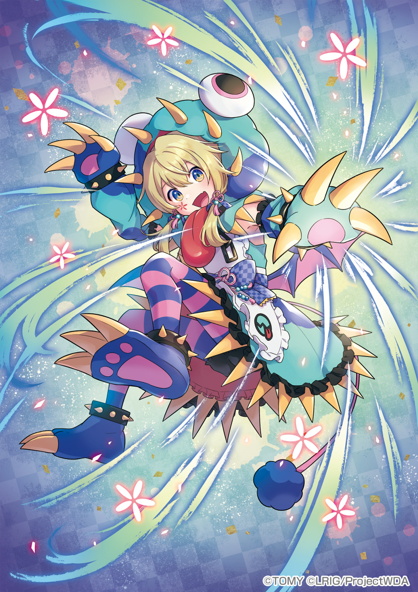 1girl, blonde_hair, copyright_notice, dr._tamago, fang, highres, looking_at_viewer, medium_hair, official_art, open_mouth, pantyhose, peron_(niki2ki884), pink_pantyhose, purple_pantyhose, skin_fang, smile, solo, striped_clothes, striped_pantyhose, violet_eyes, wixoss
