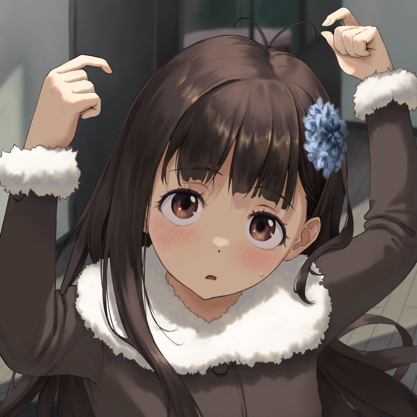 1girl, :o, absurdres, arms_up, black_hair, blush, brown_coat, brown_eyes
