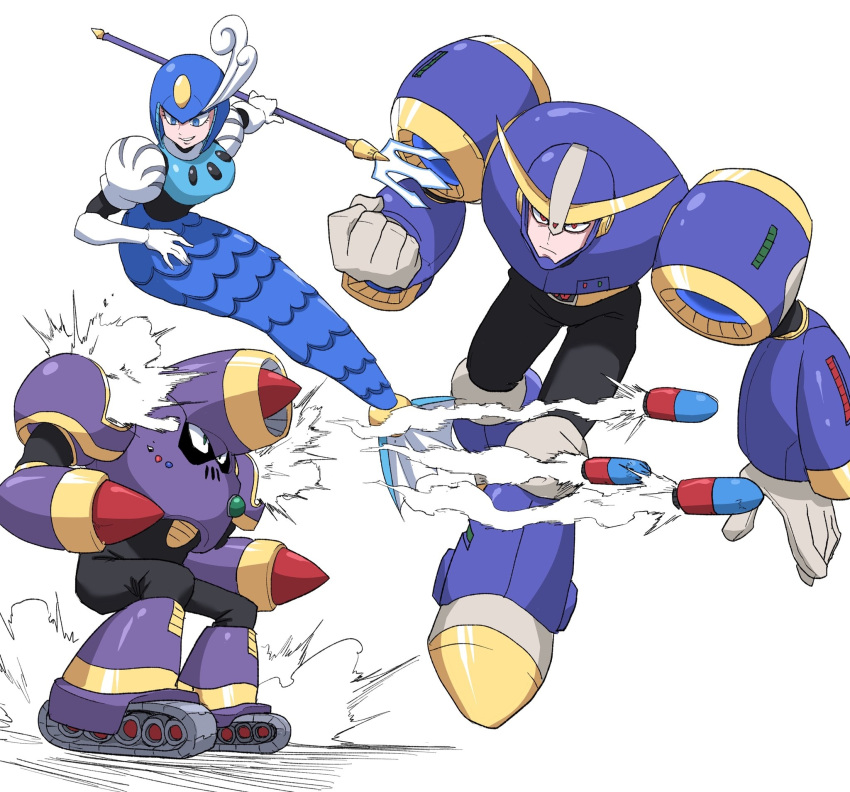 1girl, 2boys, android, arm_cannon, armor, ballade_(mega_man), black_bodysuit, blue_armor