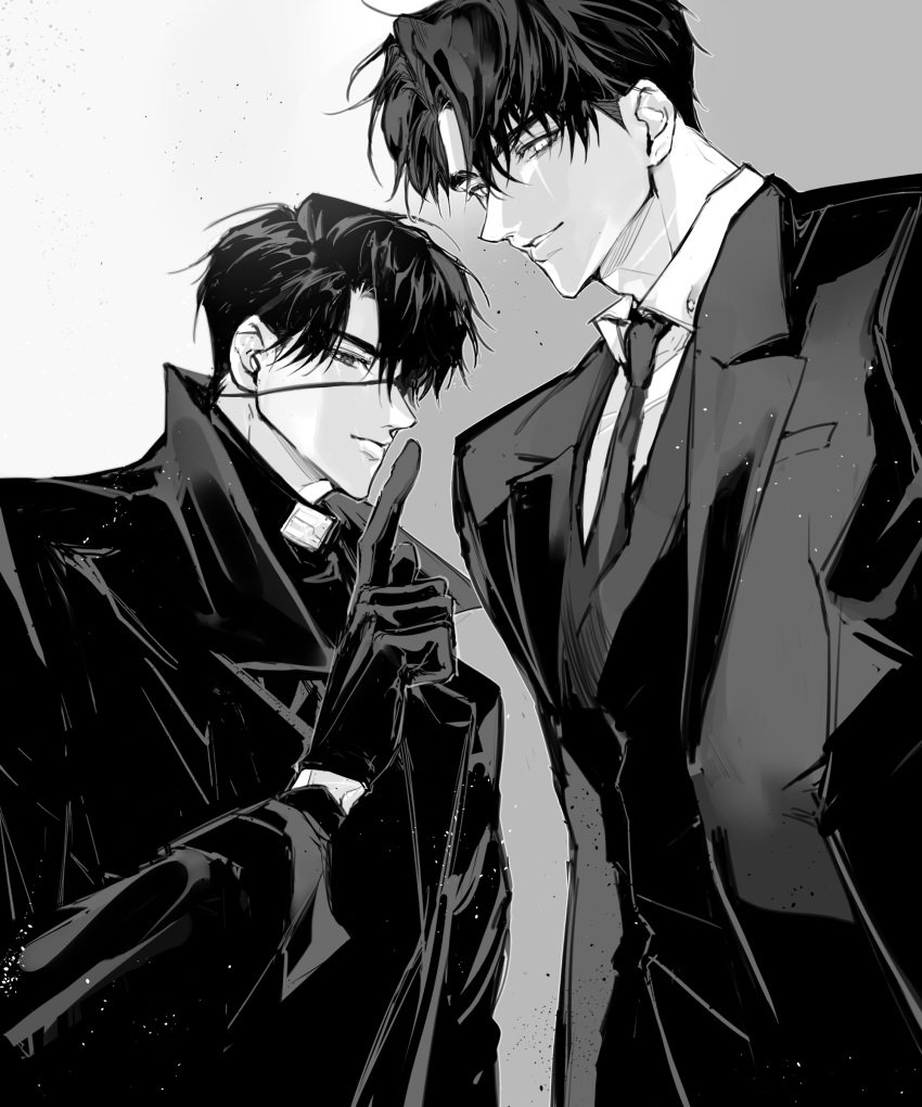 2boys, absurdres, black_coat, black_gloves, black_hair, black_necktie, coat, collared_shirt
