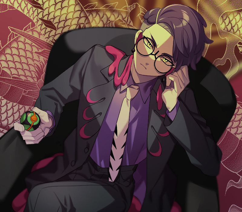 1boy, black-framed_eyewear, black_jacket, black_pants, chair, closed_mouth, collared_shirt, commentary_request