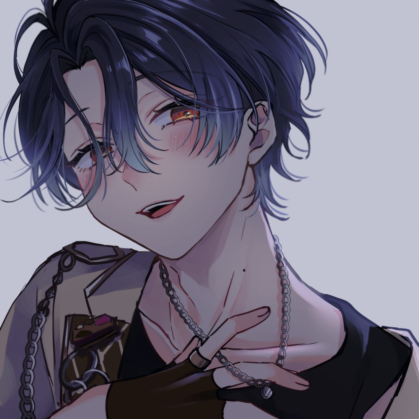1boy, black_gloves, blue_hair, chain, chain_necklace, ensemble_stars!, fingerless_gloves, gloves, grey_background, hand_up, hashtag-only_commentary, highres, jewelry, male_focus, mole, mole_on_neck, necklace, open_mouth, orange_eyes, ring, samui_(xgk0oa), short_hair, simple_background, solo, teeth, tsuzura_chitose, upper_body, upper_teeth_only