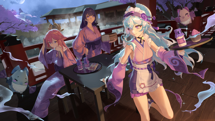 3girls, absurdres, alternate_costume, blue_hair, blunt_bangs, closed_mouth, clouds, cloudy_sky, collarbone, commentary_request, dango_milk_(genshin_impact), friends, from_side, genshin_impact, glowing, hair_between_eyes, headdress, headpiece, highres, holding, holding_tray, hyakujitsuhaku_shion, japanese_clothes, kimono, light_smile, long_hair, long_sleeves, looking_at_viewer, looking_to_the_side, maid_headdress, mole, mole_under_eye, moon, multiple_girls, night, night_sky, nihongami, pink_hair, purple_hair, purple_robe, raiden_shogun, rasa_k, robe, shade, shiba_murasaki, sitting, sky, sleeveless, sleeveless_kimono, standing, steam, tray, violet_eyes, wide_sleeves, yae_miko, yumemizuki_mizuki