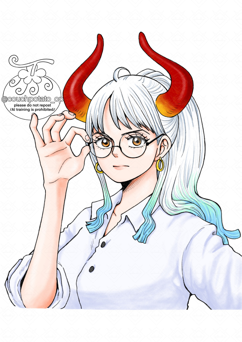 absurdres, adjusting_eyewear, alternate_costume, bespectacled, blue_hair, couchpotato_op, curled_horns, earrings