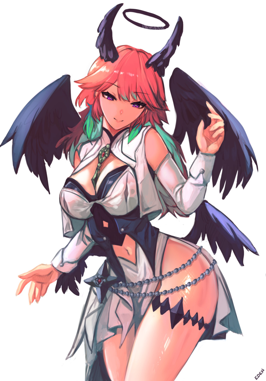 1girl, black_wings, breasts, eden_exile, feathered_wings, feathers, halo, highres