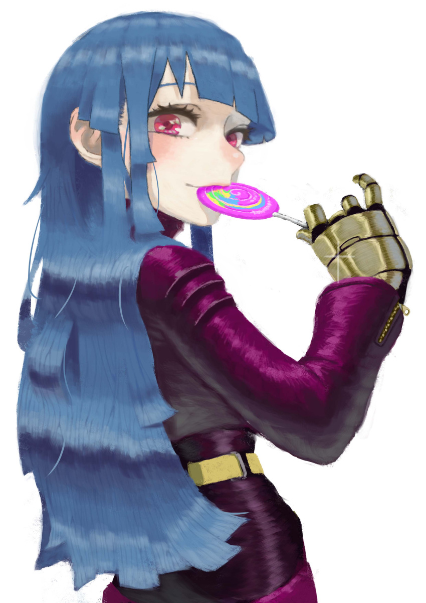 1girl, absurdres, blue_hair, candy, commentary, food, gloves, highres