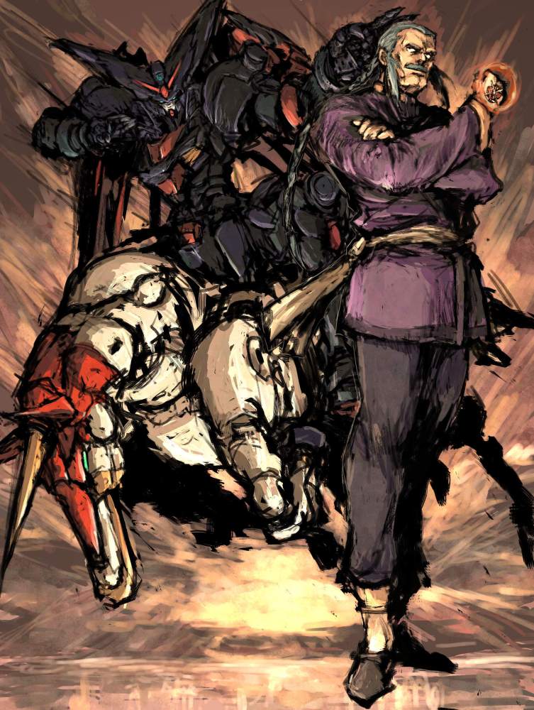 braid, facial_hair, fighting_stance, fuunsaiki, g_gundam, grey_hair, gundam, horse