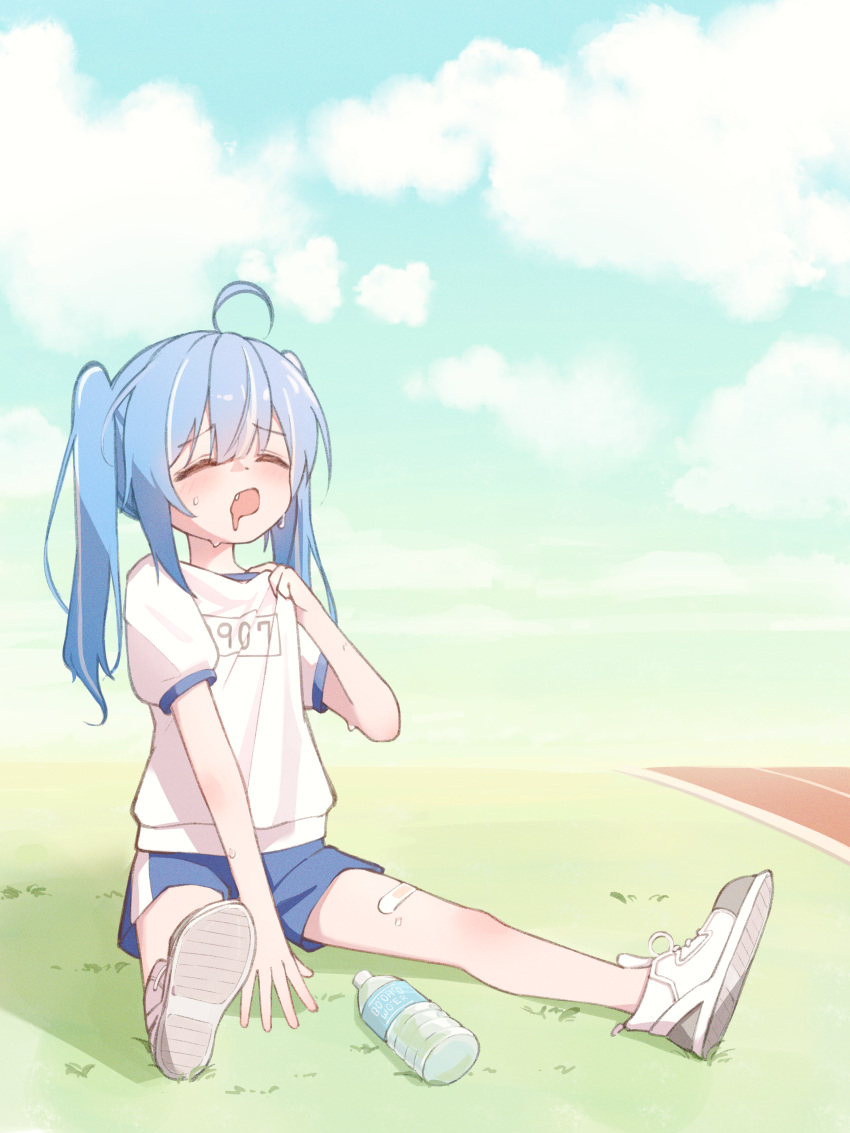 1girl, absurdres, ahoge, arahashi_tabi, bandaid_on_thigh, blue_hair, blue_shorts, bottle