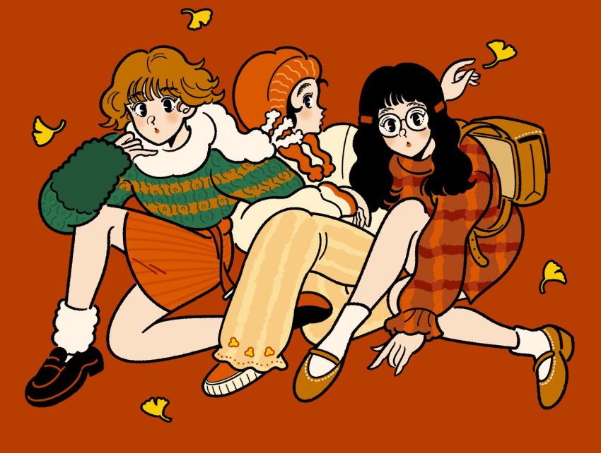3girls, 3kaku_illust, :o, backpack, bag, beanie, belted_skirt, black_eyes