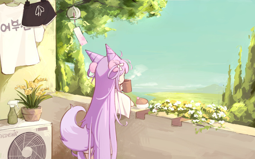 1girl, absurdres, black_shorts, bottle, commentary_request, condenser_unit, cone_hair_bun, cup