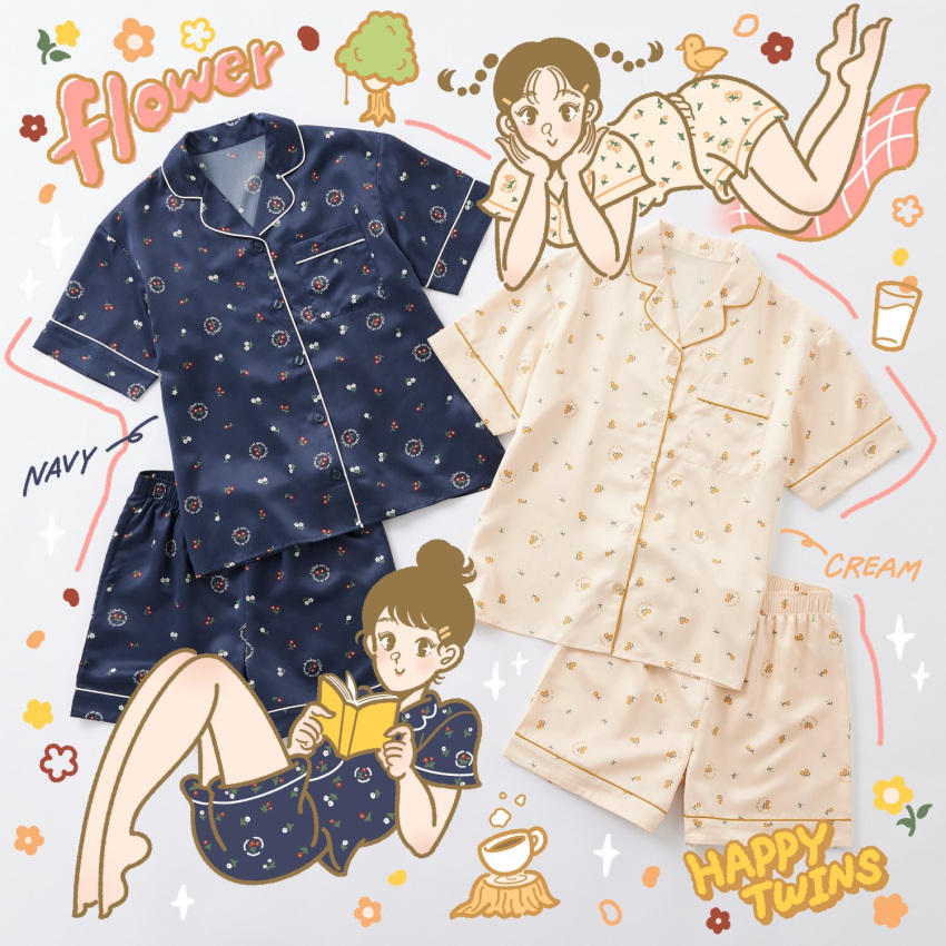 2girls, 3kaku_illust, ad, barefoot, bird, blue_pajamas, book, braid