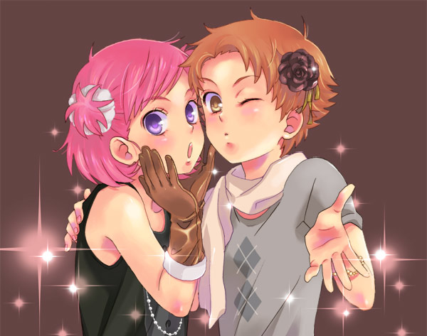 :o, argyle, blush, brown_background, brown_eyes, brown_hair, brown_rose, flower, gloves, multiple_girls, natsuki_rin, one_side_up, pink_hair, precure, purple_eyes, rose, scarf, shirt, short_hair, side_ponytail, sparkle, ukkun, violet_eyes, wink, yes!_precure_5, yumehara_nozomi
