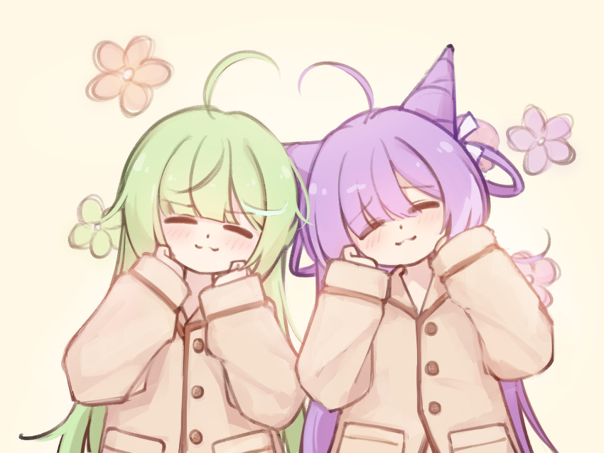 2girls, :3, absurdres, ahoge, brown_pajamas, brown_shirt, closed_eyes, closed_mouth