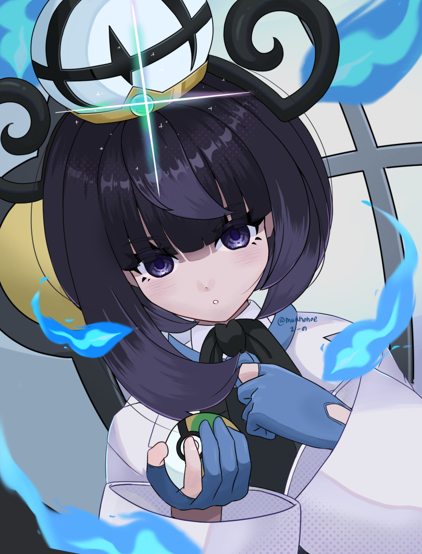 1girl, black_hair, blue_fire, blue_gloves, blunt_bangs, bob_cut, chandelure, coat, fire, gloves, gwynn_(pokemon), hat, highres, holding, holding_poke_ball, long_sleeves, mega_stone, muunonoe, nest_ball, parted_lips, partially_fingerless_gloves, poke_ball, pokemon, pokemon_(creature), pokemon_legends:_z-a, short_hair, twitter_username, upper_body, violet_eyes, white_coat, white_hat