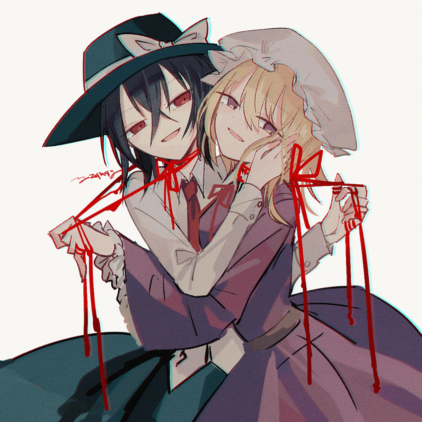 2girls, black_hair, blonde_hair, blue_skirt, commentary_request, dress, frills, hand_on_another's_cheek