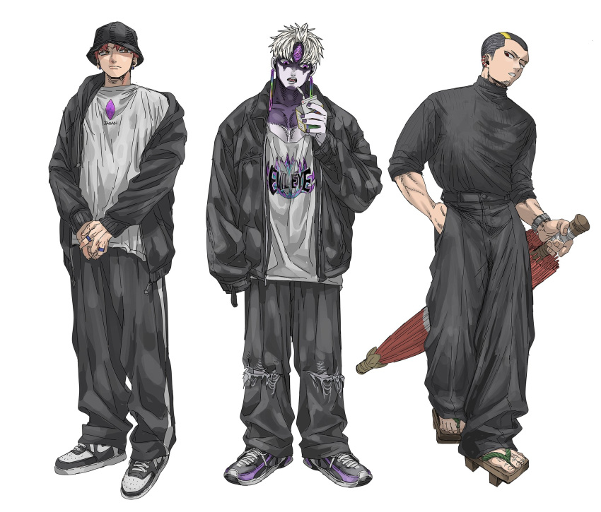 3boys, alternate_costume, baggy_pants, black_hair, black_hat, black_jacket, black_pants, black_sweater