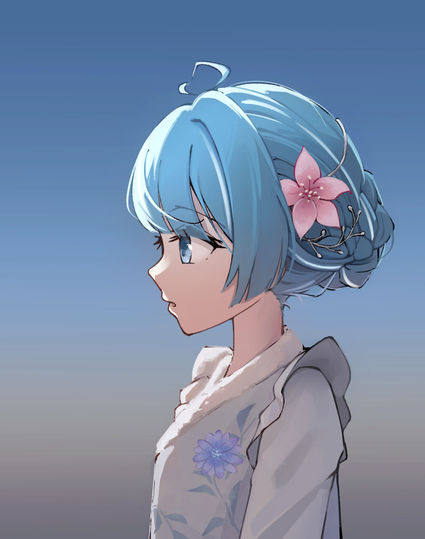 1girl, absurdres, antenna_hair, arahashi_tabi, blue_eyes, blue_hair, braid, braided_bun
