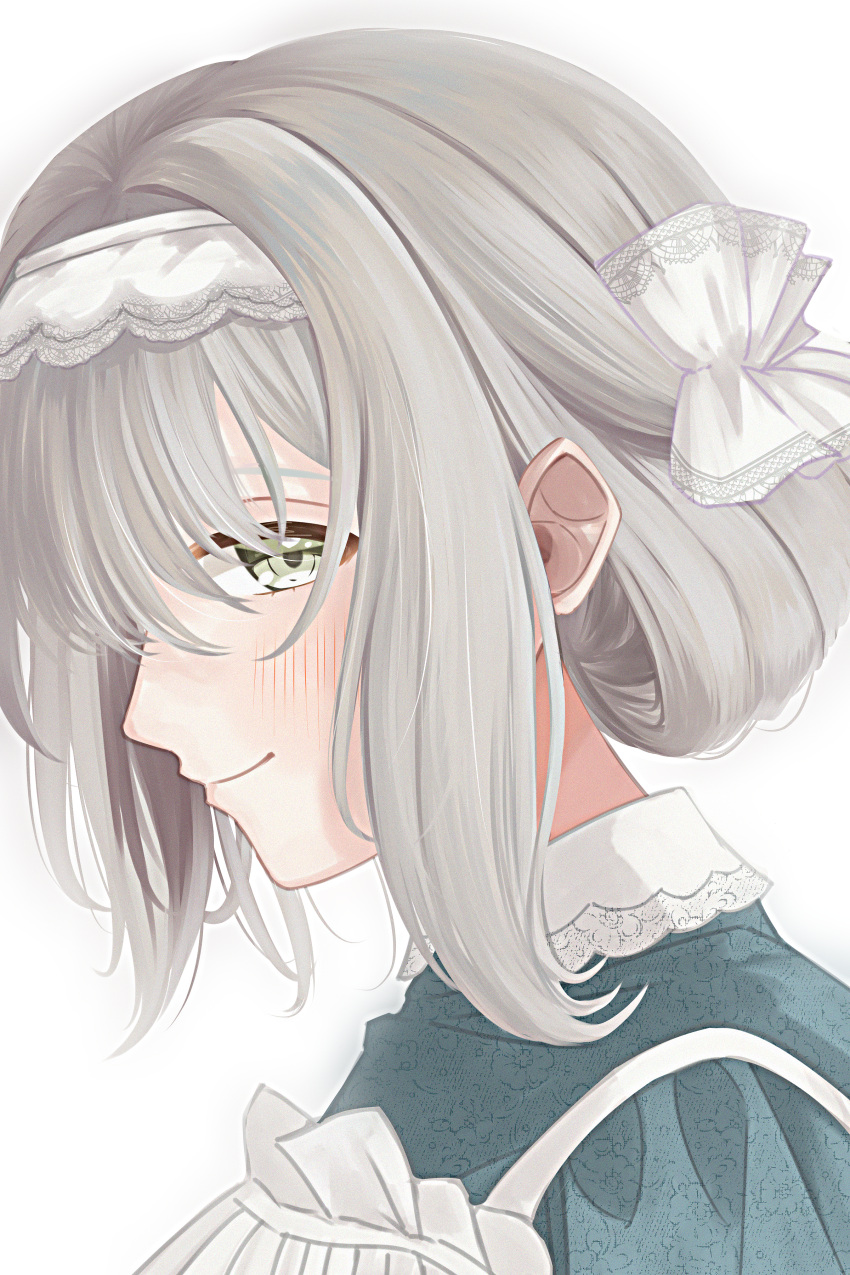 1girl, absurdres, apron, blush, closed_mouth, dress, folded_hair, gakuen_idolmaster