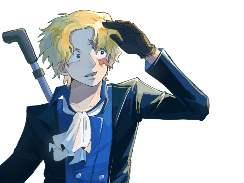 1boy, ascot, blonde_hair, blue_shirt, brown_gloves, coat, commentary, gangan233, gloves, hashtag-only_commentary, highres, looking_to_the_side, male_focus, one_piece, open_mouth, sabo_(one_piece), scar, scar_on_face, shirt, short_hair, simple_background, solo, symbol-only_commentary, upper_body, white_ascot, white_background