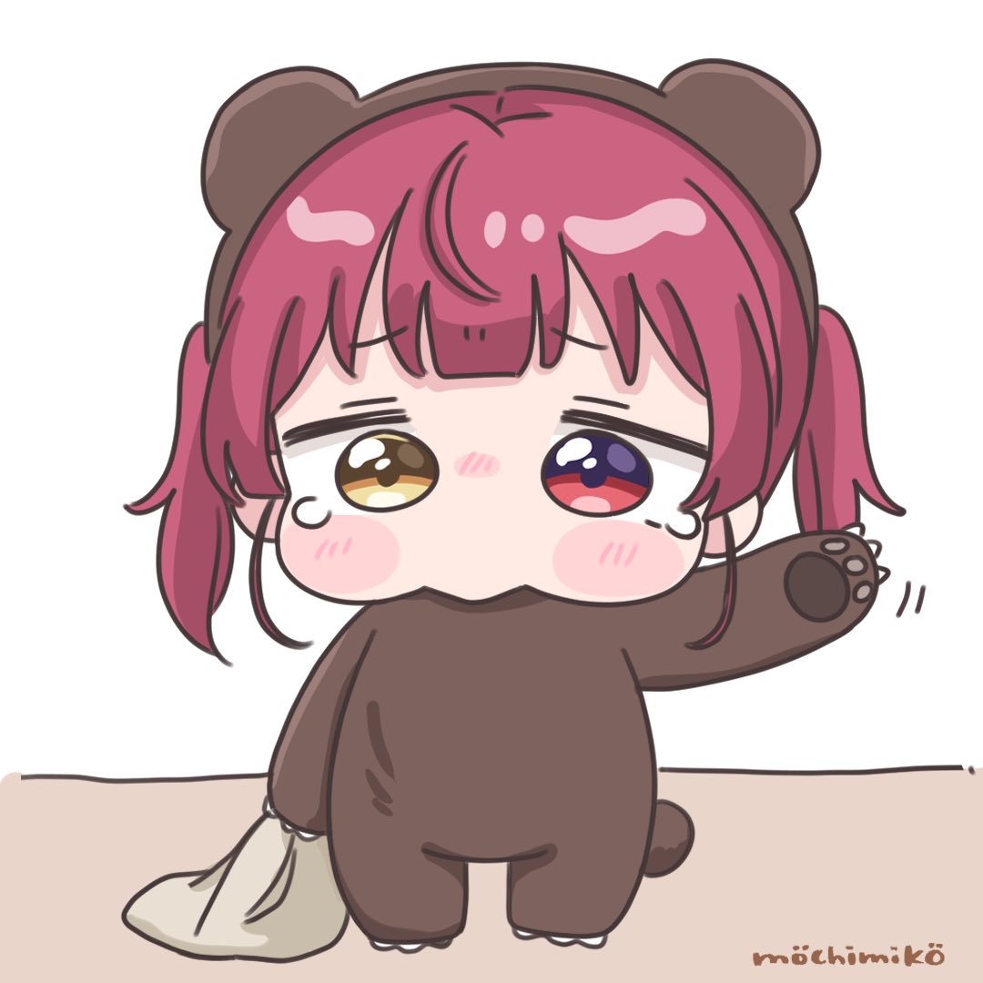 1girl, animal_costume, animal_ears, bear_costume, bear_ears, bear_tail, blush, blush_stickers, brown_eyes, chibi, commentary_request, fake_animal_ears, fake_tail, full_body, heterochromia, hololive, houshou_kumarine, houshou_marine, mochimiko, motion_lines, nose_blush, red_eyes, red_hair, signature, simple_background, solo, standing, tail, tears, twintails, virtual_youtuber, white_background, yurie_mouth