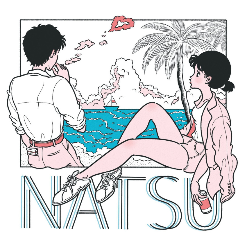 1boy, 1girl, 3kaku_illust, beach, belt, black_hair, blush, boat