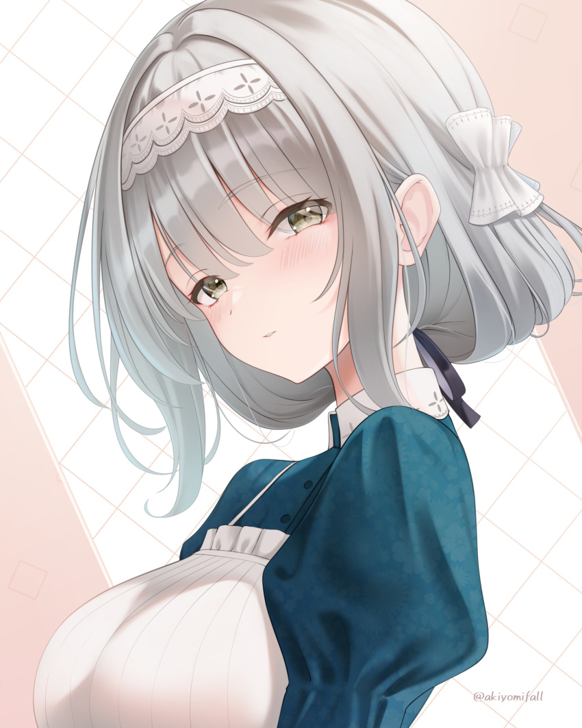 1girl, akiyomi, animal_ears, apron, black_dress, black_ribbon, blush, breasts, dress, gakuen_idolmaster, grey_hair, highres, hiwatari_kanae, horse_ears, idolmaster, large_breasts, looking_at_viewer, maid_headdress, neck_ribbon, parted_lips, ribbon, short_hair, sidelocks, solo, white_apron