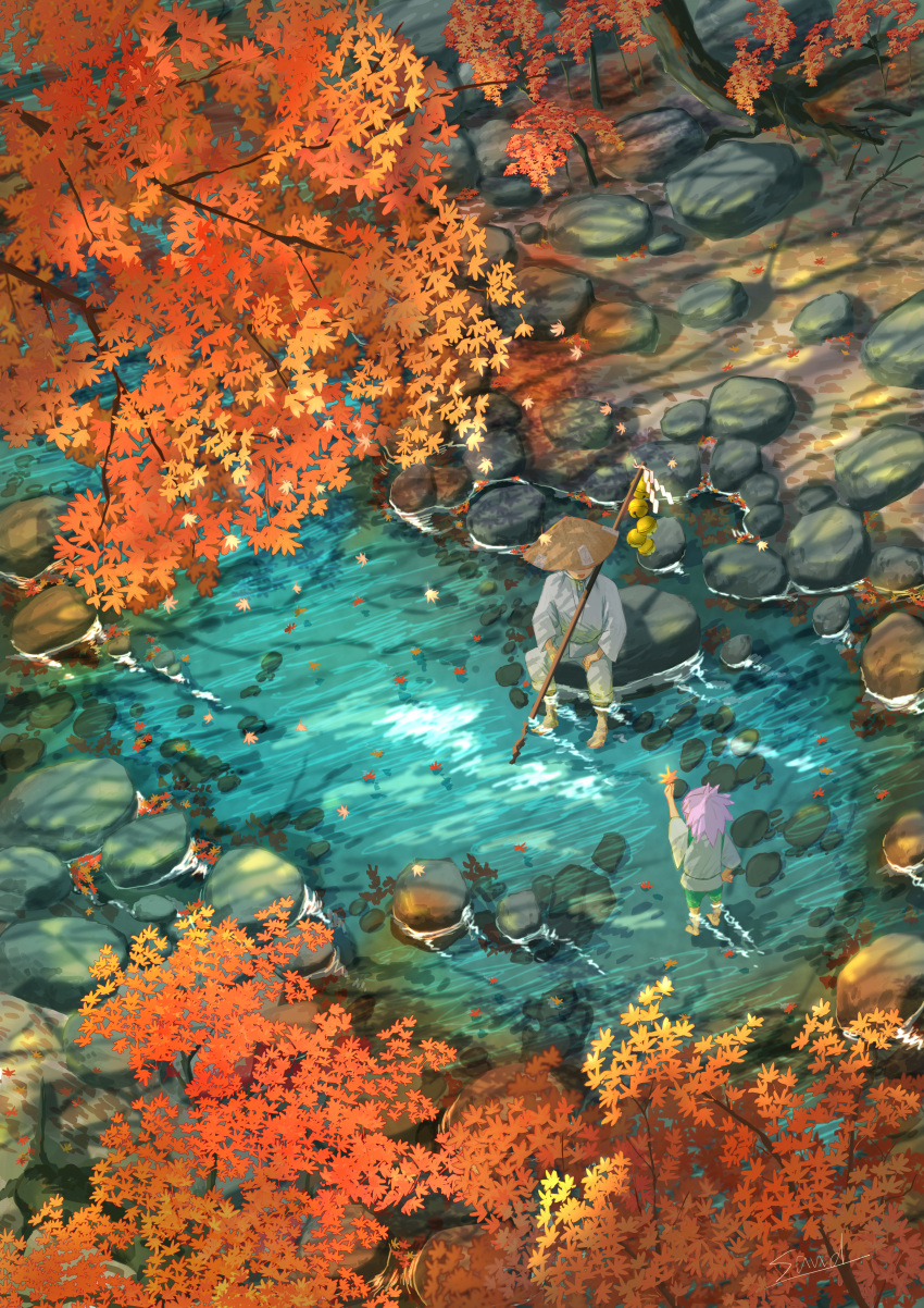 2others, absurdres, ambiguous_gender, arm_up, autumn, autumn_leaves, bell, clothing_request