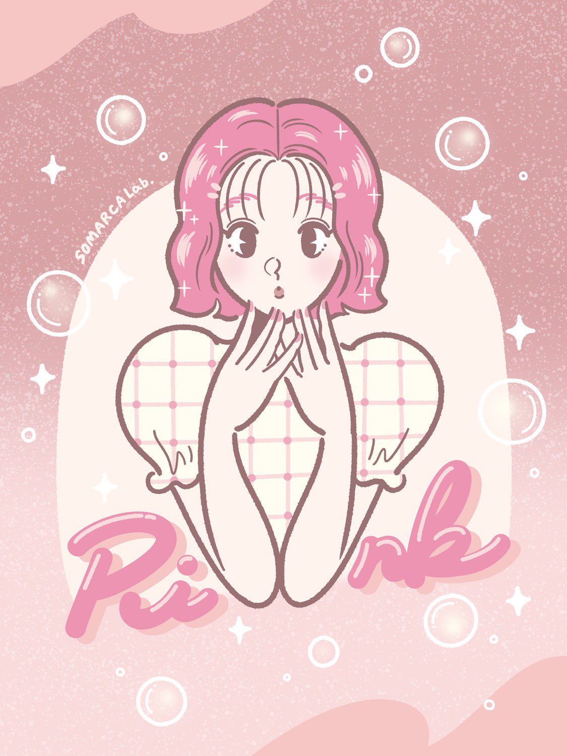1girl, 3kaku_illust, :o, ad, black_eyes, blush, bubble, commentary