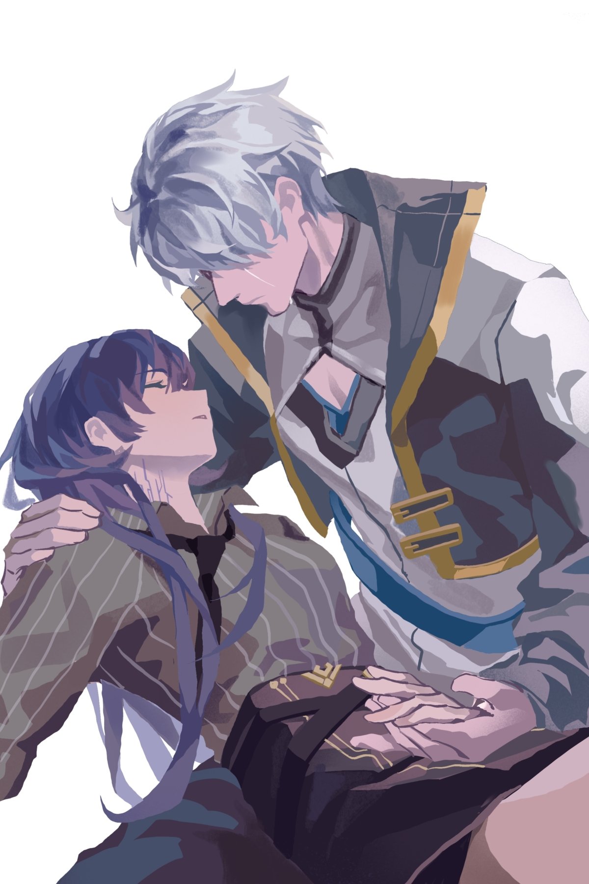 1boy, 1girl, alt_text, black_jacket, black_necktie, black_pants, black_skirt, cleavage_cutout, closed_eyes, clothing_cutout, collared_shirt, commentary_request, commission, cracked_skin, cropped_jacket, death, diamond_cutout, face-to-face, grey_shirt, hand_on_another's_shoulder, highres, holding_hands, honkai_(series), honkai_impact_3rd, jacket, kevin_kaslana, long_hair, long_sleeves, loose_necktie, lying_on_person, mei_(honkai_impact), miniskirt, necktie, no_lineart, open_clothes, open_collar, open_jacket, pants, parted_lips, pencil_skirt, pinstripe_pattern, pinstripe_shirt, popped_collar, profile, purple_hair, sad, second-party_source, shiregotoaka, shirt, short_hair, simple_background, skirt, tears, very_long_hair, very_short_hair, white_background, white_hair, white_shirt, wing_collar
