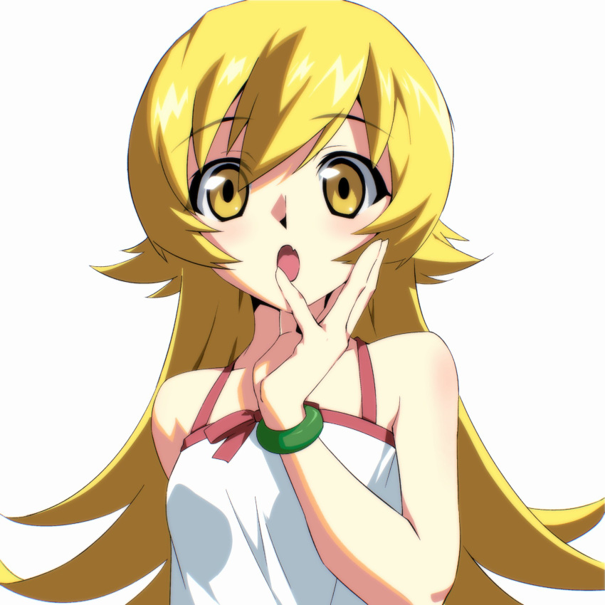 1girl, :o, bare_arms, bare_shoulders, blonde_hair, bracelet, breasts, commentary_request, dress, fang, flipped_hair, hand_on_own_chin, highres, jewelry, light_blush, long_hair, looking_at_viewer, miko_heb, monogatari_(series), open_mouth, oshino_shinobu, pink_trim, ribbon, simple_background, skin_fang, small_breasts, solo, upper_body, white_background, white_dress, yellow_eyes