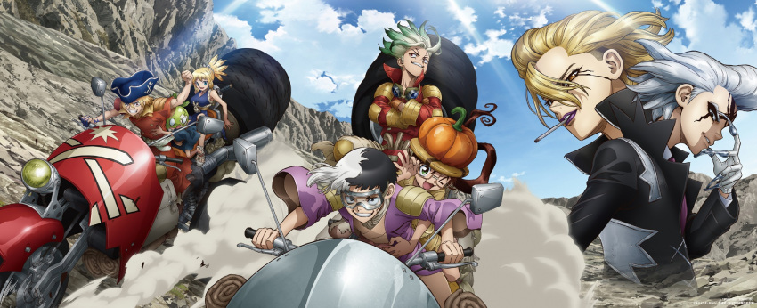 3girls, 5boys, asagiri_gen, black_eyes, black_hair, black_jacket, blonde_hair, blue_sky
