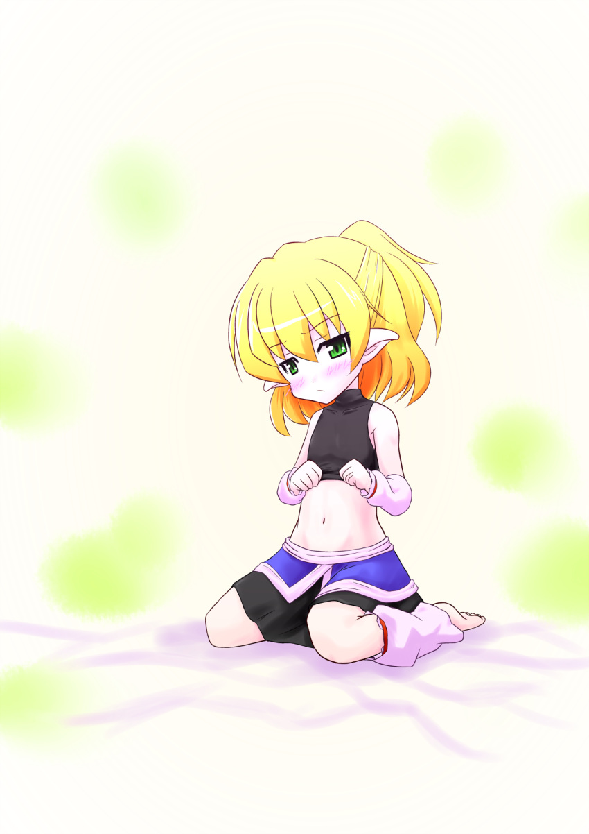 barefoot, blonde_hair, blush, green_eyes, highres, kay-u, midriff, mizuhashi_parsee