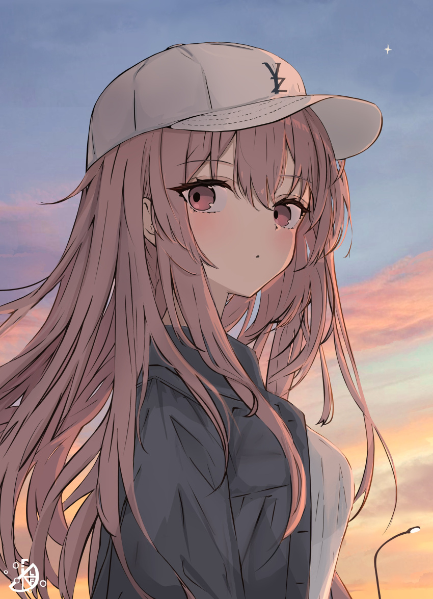 1girl, absurdres, artist_logo, backlighting, baseball_cap, blush, commentary, expressionless