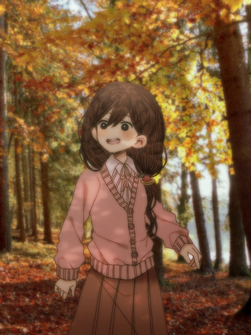 1girl, alternate_costume, autumn_leaves, black_eyes, black_hair, blurry, blurry_background, blush