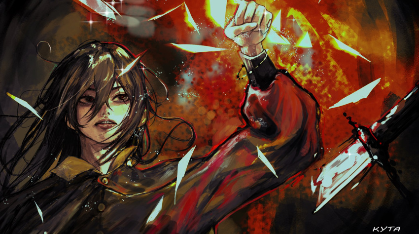 1boy, bags_under_eyes, black_eyes, black_hair, black_robe, broken, broken_glass, broken_sword