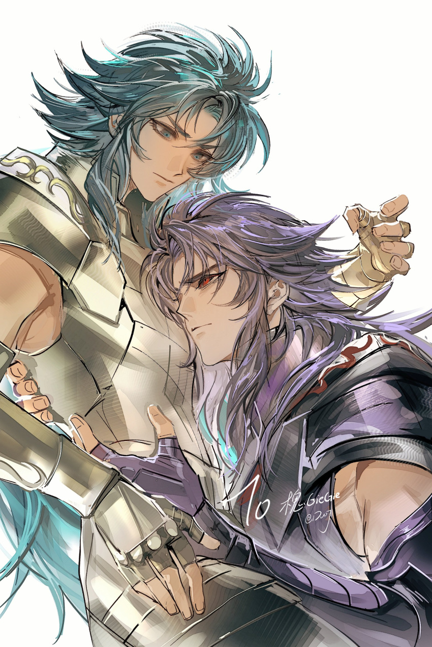 2boys, absurdres, armor, blue_eyes, blue_hair, brothers, closed_mouth, cowboy_shot