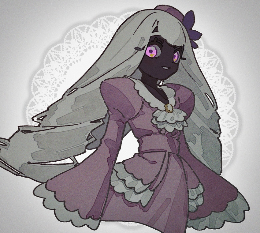 1girl, alternate_hair_color, ascot, brooch, dark-skinned_female, dark_skin, dress, frilled_ascot