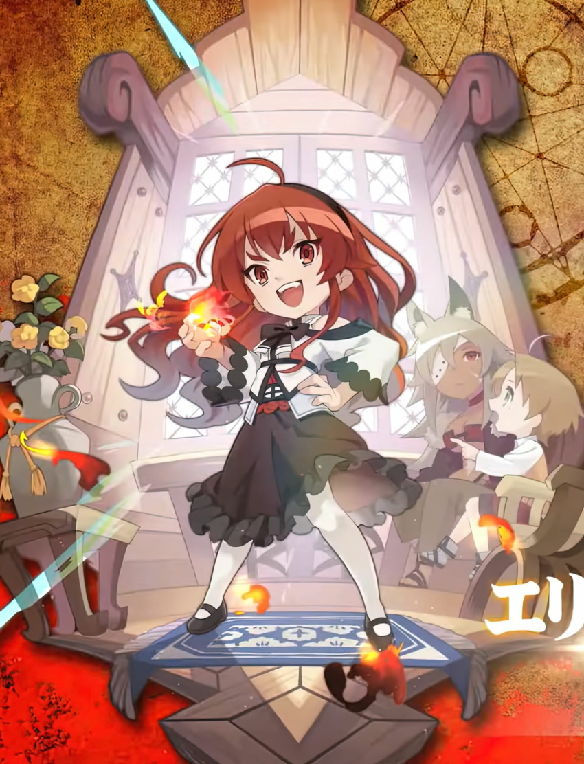 1boy, 2girls, ahoge, animal_ears, barred_window, black_bow, black_skirt, black_tiara