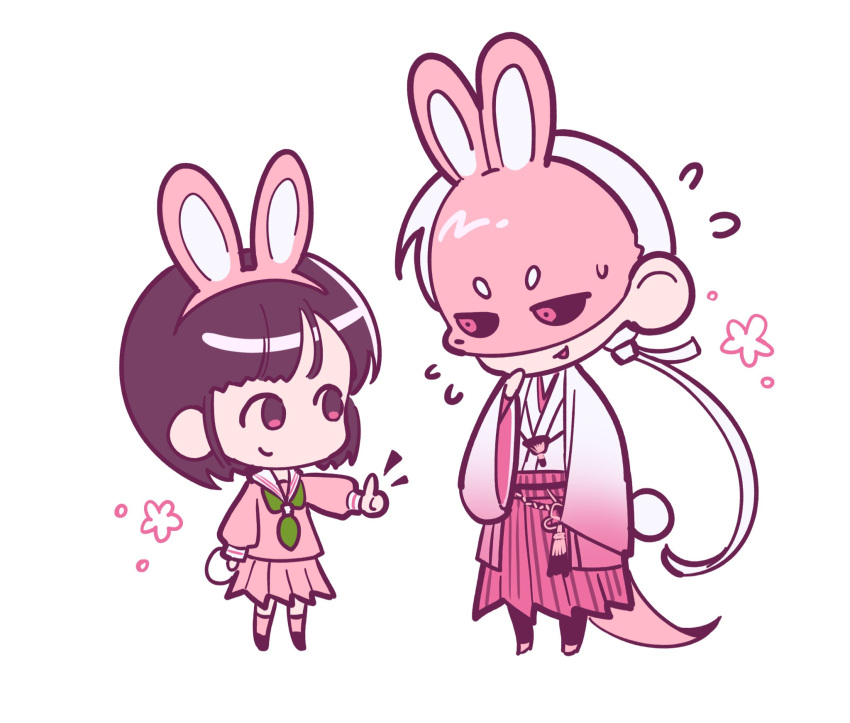 1boy, 1girl, animal_ear_hairband, animal_ears, black_hair, black_sclera, chibi, chibi_only